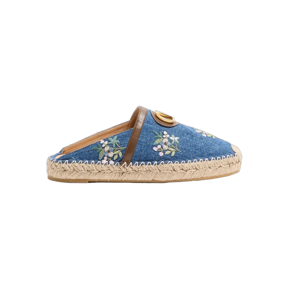 Valentino VLogo Signature Mule In Denim With Floral Embroidery 25mm Denim