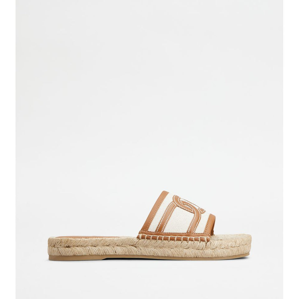 Tods Kate Sandals In Canvas And Leather White Brown Womens