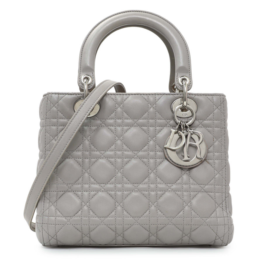 Christian Dior Grey Lambskin Cannage Medium Lady Dior