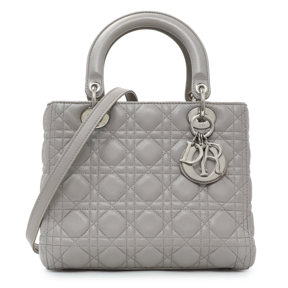 Christian Dior Grey Lambskin Cannage Medium Lady Dior