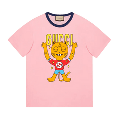 Gucci Cat Print Cotton T-Shirt Pink