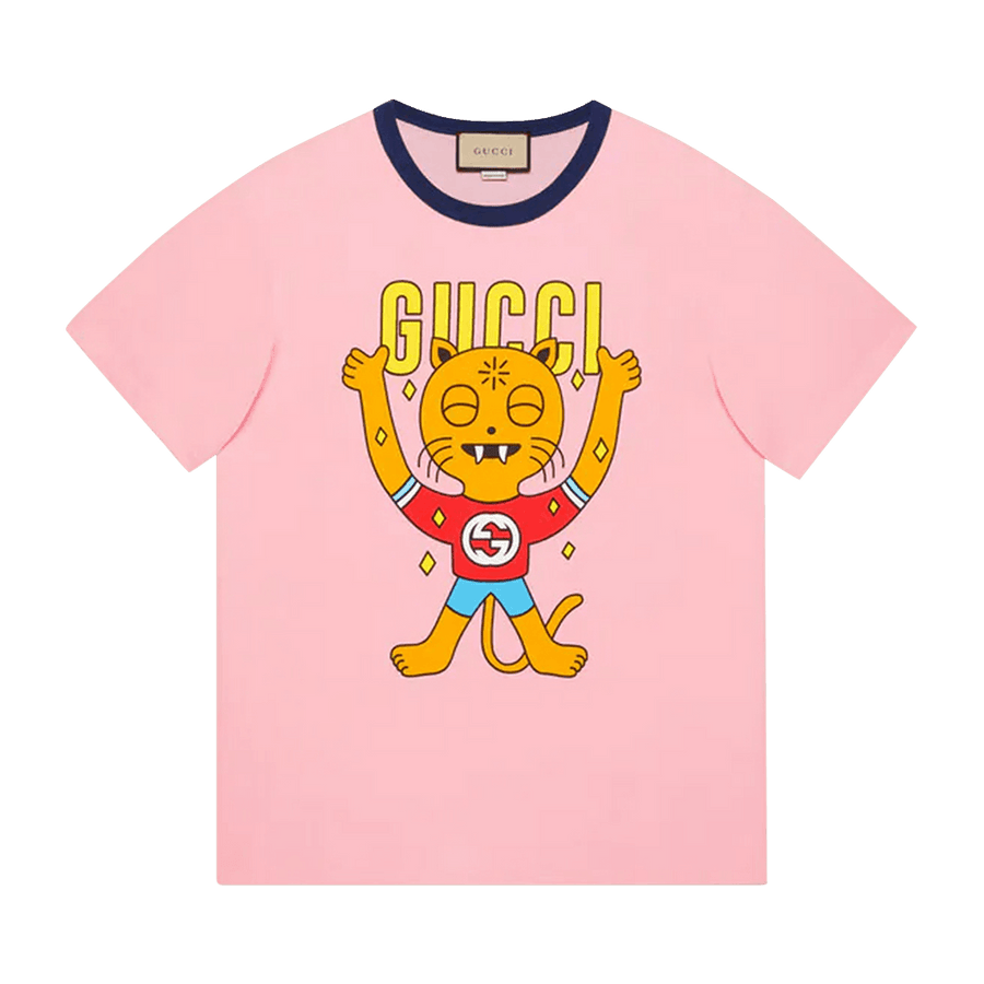 Gucci Cat Print Cotton T-Shirt Pink