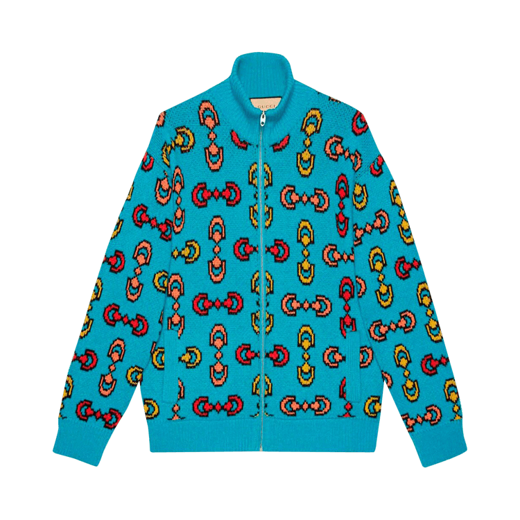 Gucci Horsebit Jacquard Wool Knit Bomber Blue/Yellow