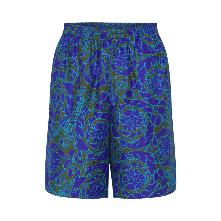 Versace Baroque Print Silk Shorts Khaki/Blue