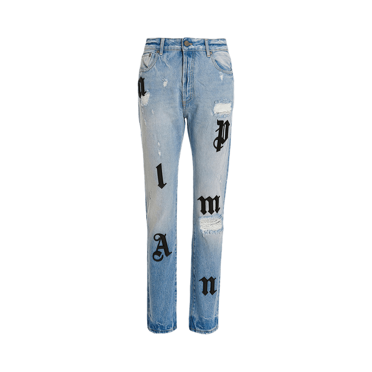 Palm Angels Logo Patches Straight Leg Jeans Light Blue/Black