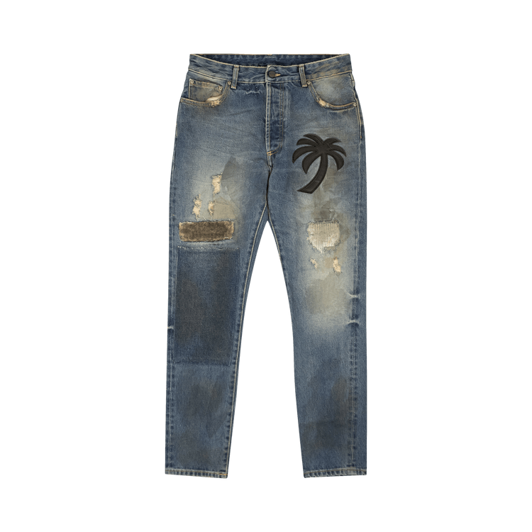 Palm Angels Curved Palm Patch Detail Straight Leg Jeans Blue