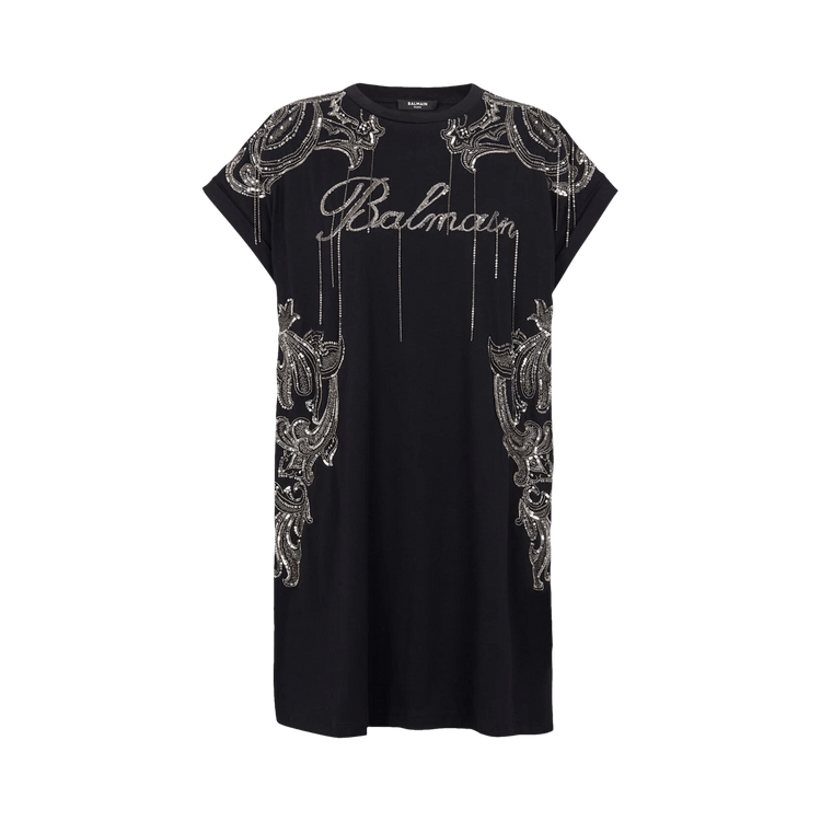 Balmain Sleeveless Embroidered Paisley Chains Shorts Dress Black/Old Silver