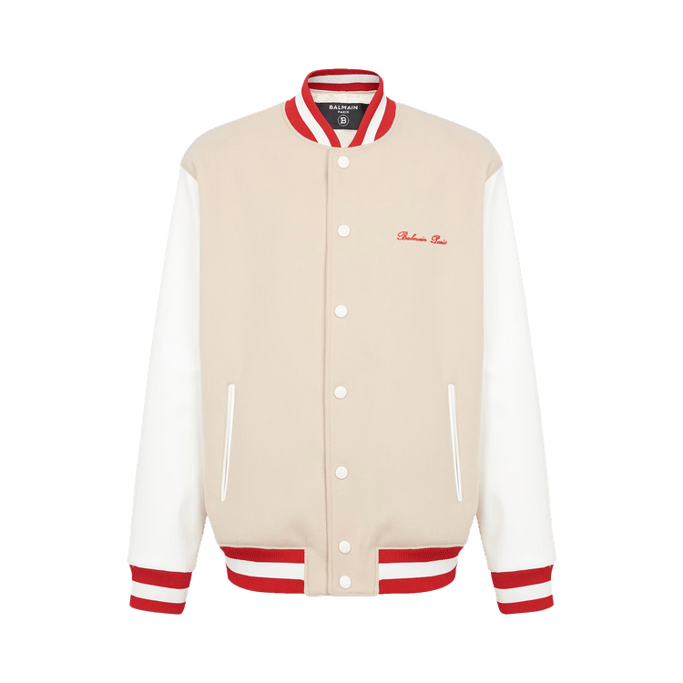 Balmain Bicolor Signature Varsity Jacket Ivory/Off White/Red