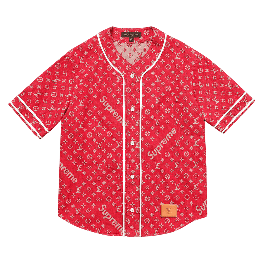 Louis Vuitton x Supreme Jacquard Denim Baseball Jersey Red