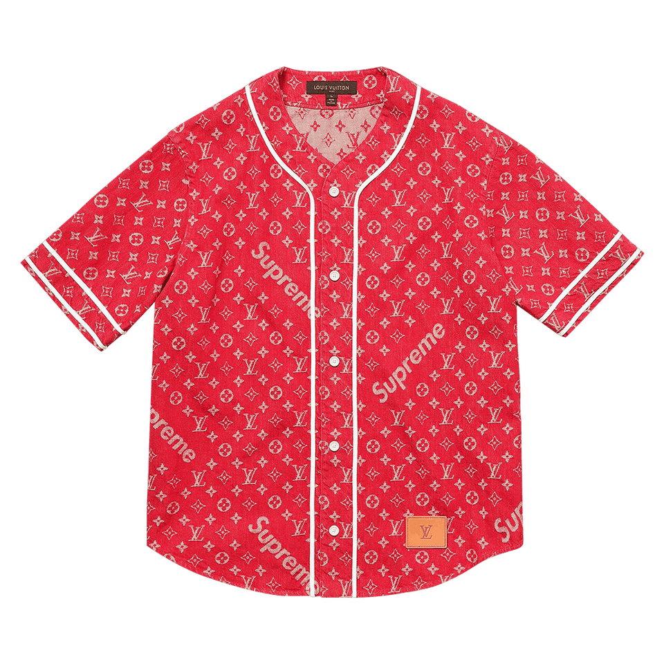 Louis Vuitton x Supreme Jacquard Denim Baseball Jersey Red