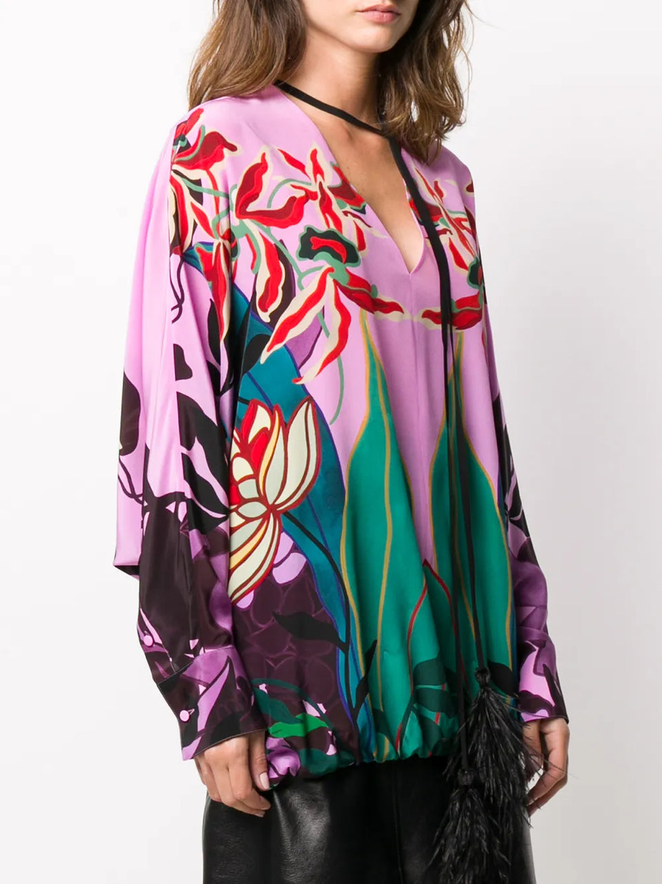 feather-embellished Mirrored Orchid Ramage blouse