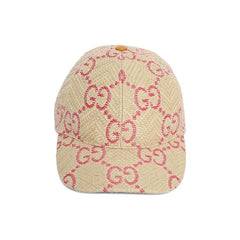 Gucci GG Raffia Effect Baseball Hat Beige/Red