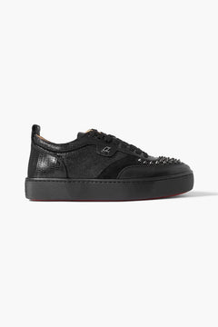 Christian Louboutin Happrui Spikes Suede And Leather-Trimmed Mesh Sneakers Black