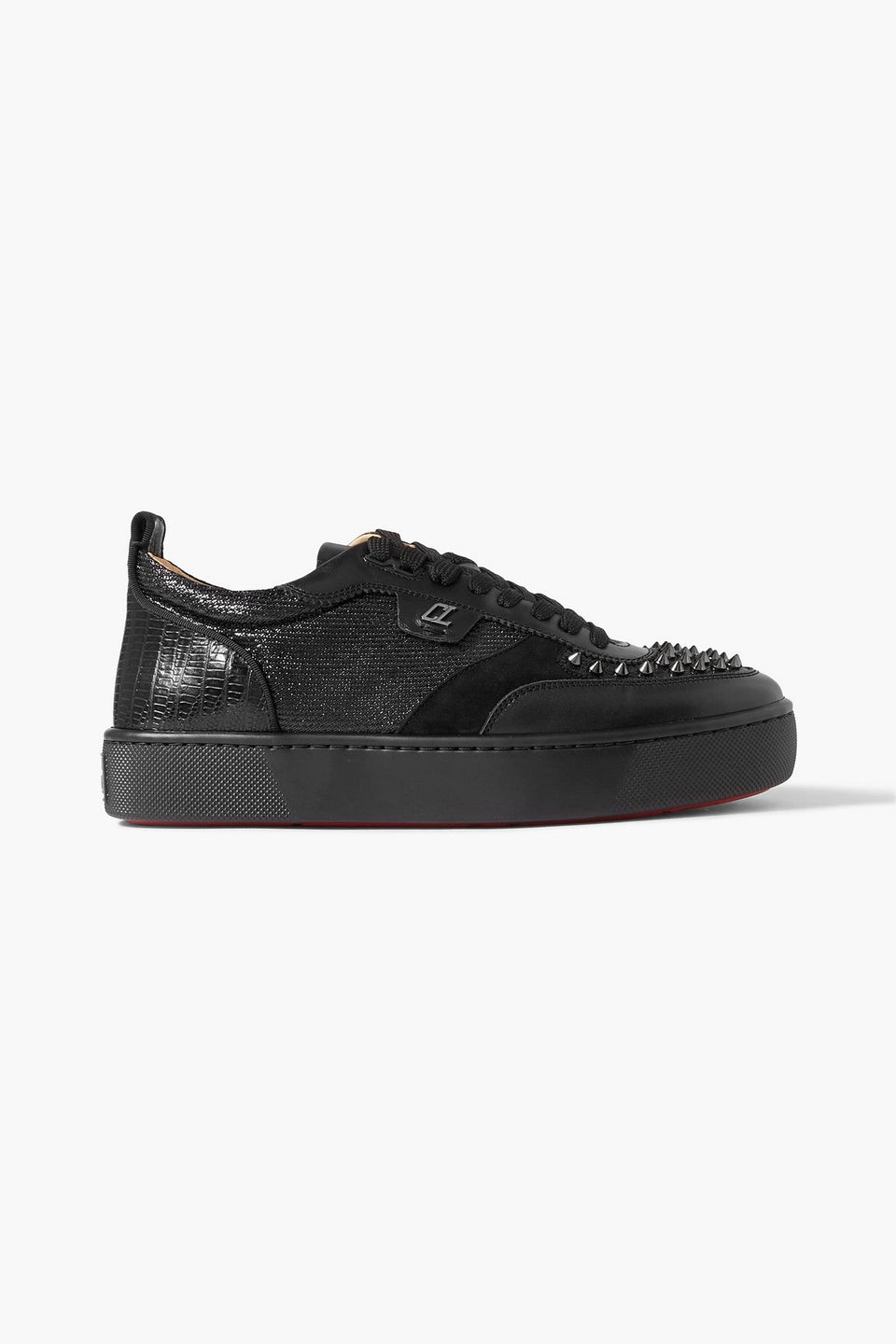 Christian Louboutin Happrui Spikes Suede And Leather-Trimmed Mesh Sneakers Black