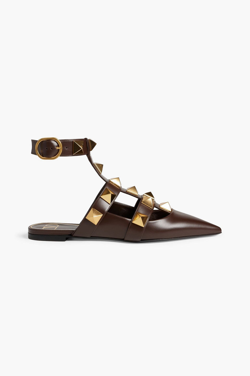 Valentino Garavani Roman Stud Leather Point-Toe Flats Chocolate Women's