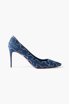 Christian Louboutin Kate 85 Embroidered Distressed Denim Pumps Mid Denim Women's