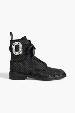 Roger Vivier Viv Buckled Metallic Jacquard Combat Boots Charcoal Women's