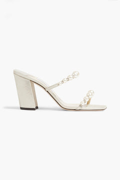 Jimmy Choo Amara 85 Faux Pearl-Embellished Metallic Suede Sandals Platinum Women's