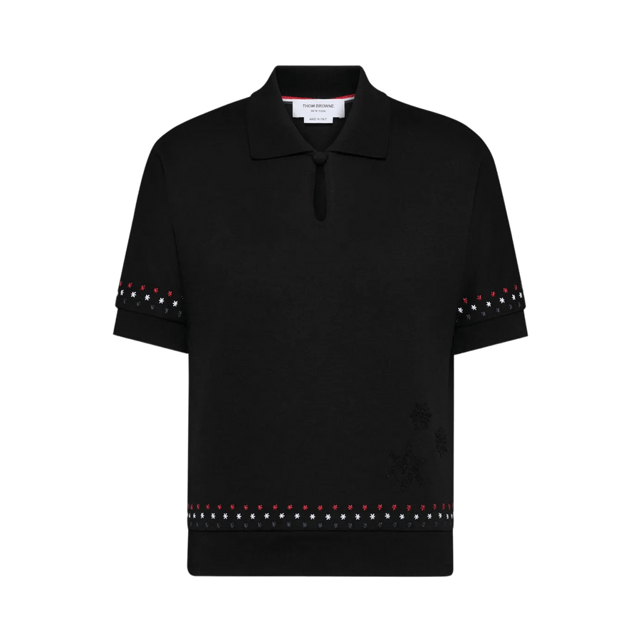 Thom Browne Stars & Snowflake Embroidery Polo Shirt Black