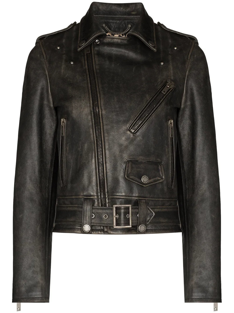 distressed-effect leather biker jacket