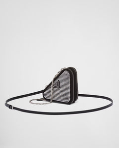 Triangular embellished satin and leather mini-pouch