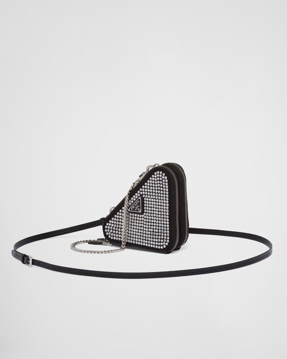 Triangular embellished satin and leather mini-pouch