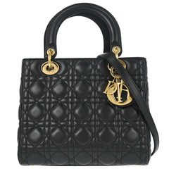 Christian Dior Black Lambskin Medium Lady Dior Cannage 2way Shoulder Handbag