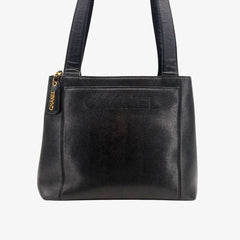 CS066 - CHANEL Vintage Black Caviar Leather Embroidered Logo Tote Bag