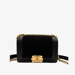 CS063 - CHANEL Boy Black Shearling Leather &amp; Calfskin 20cm Flap Bag