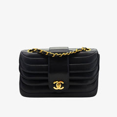 KA748 - CHANEL Vintage Navy Lambskin Horizontal Stripes Flap Bag