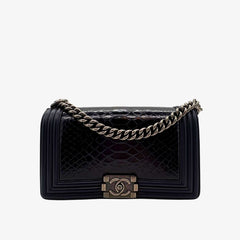 CS038 - CHAENL Boy Navy Snake Skin &amp; Calf skin 25cm Flap Bag