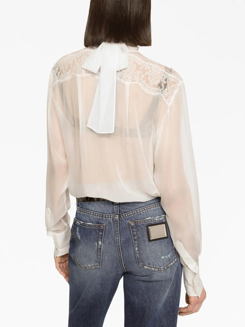 chantilly lace pussy-bow blouse