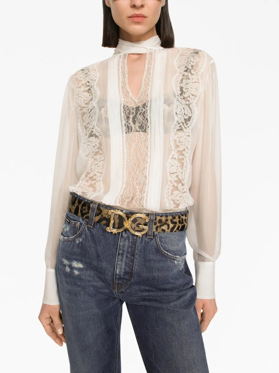 chantilly lace pussy-bow blouse