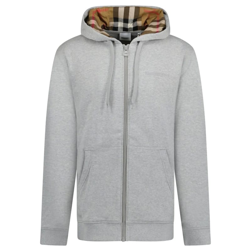Burberry Hove Check Embroidery Logo Zip Hoodie Pale Grey