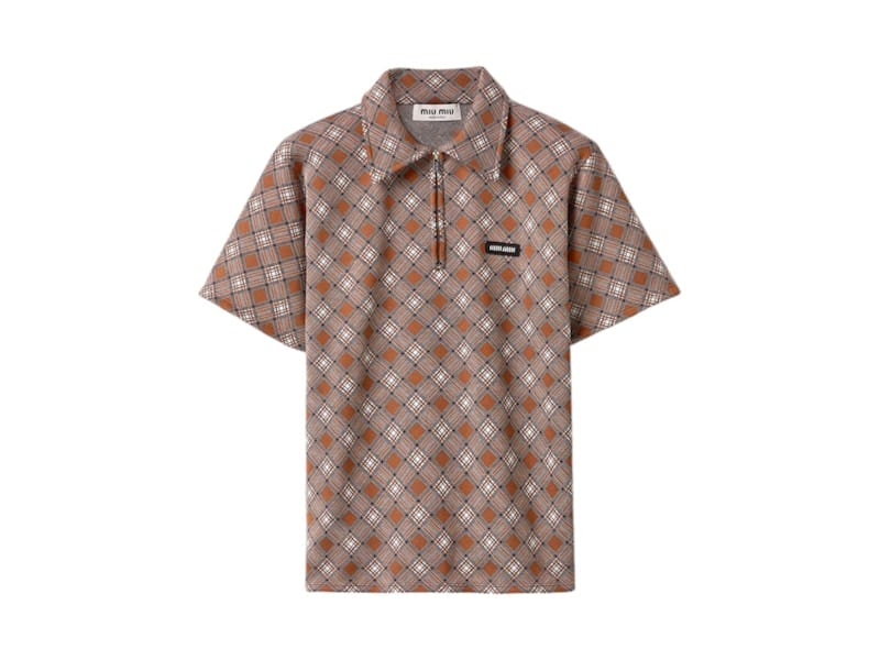 Miu Miu Silk Check Polo Shirt Tabacco