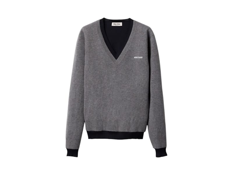 Miu Miu Silk Cashmere V-Neck Sweater Grigio Blu