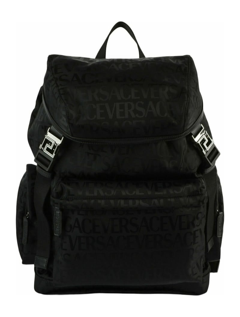 Versace All Over Logo Nylon Backpack Black