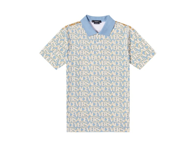 Versace All Over Logo Pique Polo Shirt Blue Multi