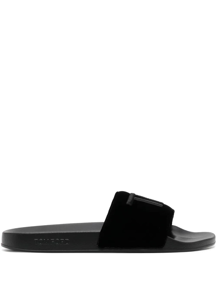 logo-embroidered velvet slides