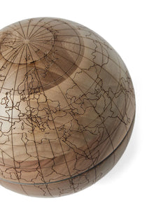engraved wooden globe