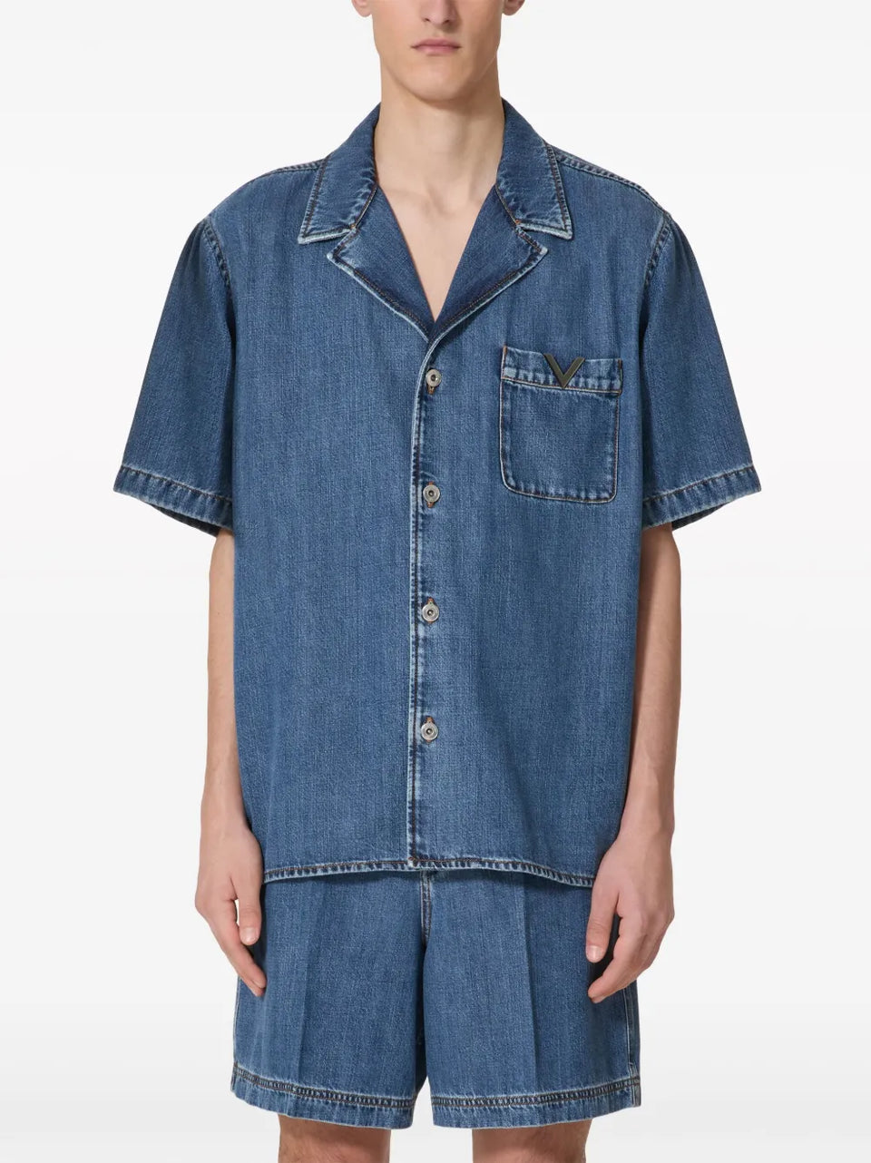 V-detail denim bowling shirt