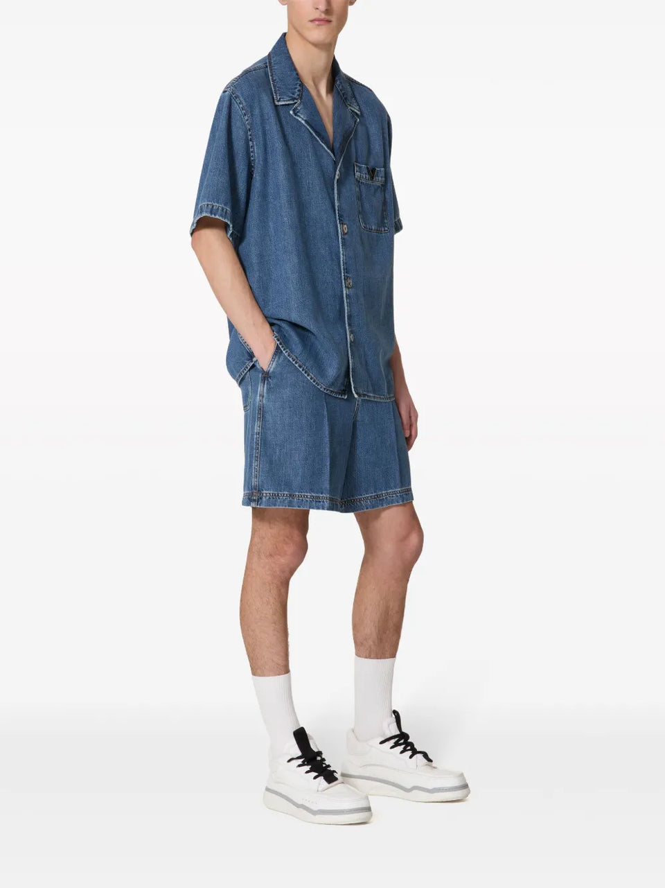 V-detail denim bowling shirt