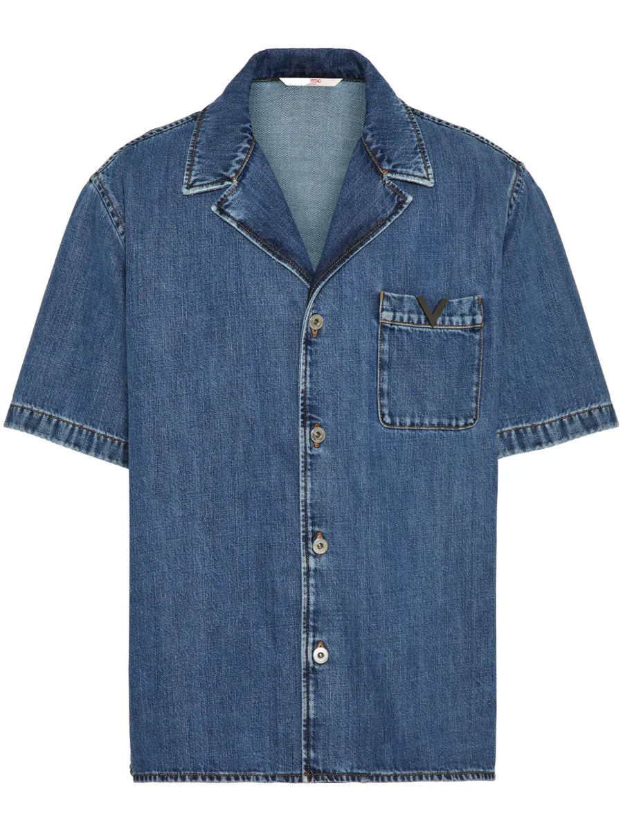V-detail denim bowling shirt