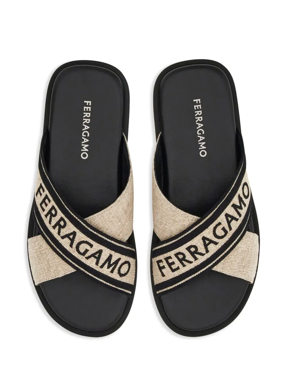 Ferragamo crossover-strap cotton sandals light beige/black