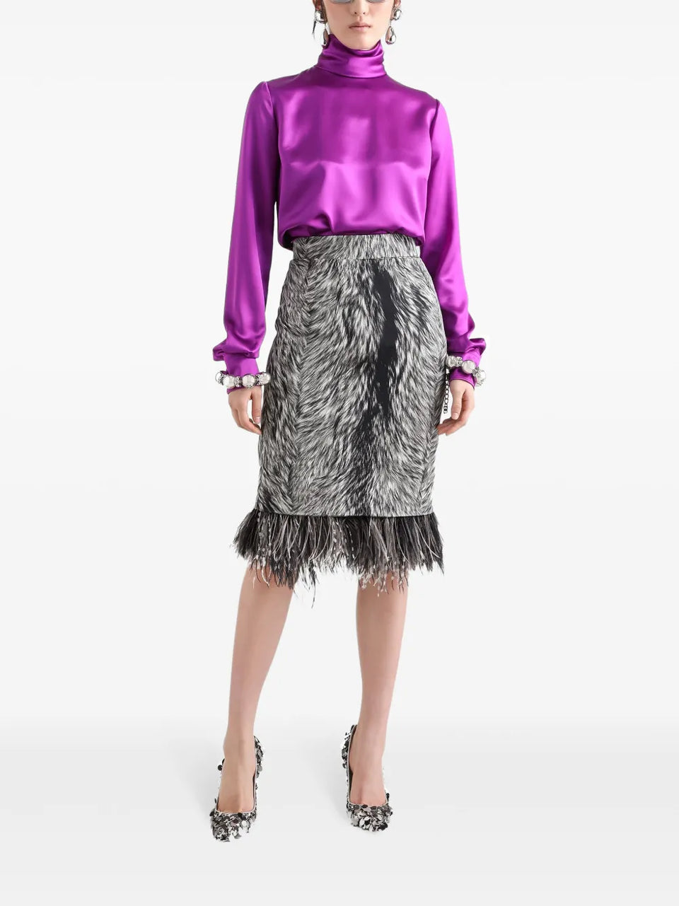 feather-trim faux-fur skirt