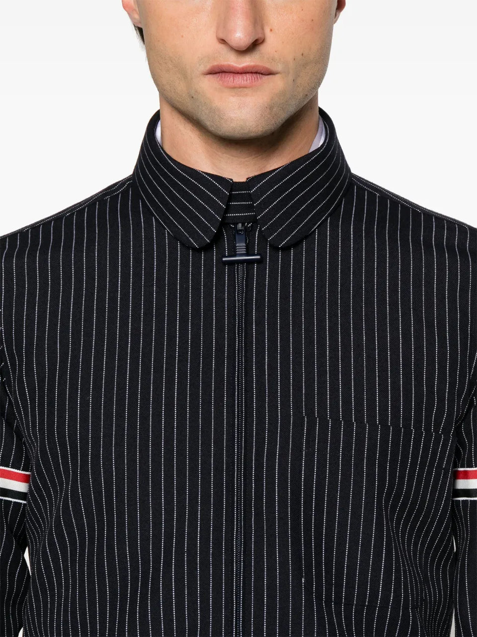 pinstriped zip-up shirt