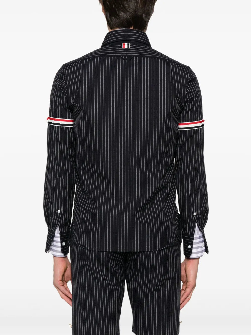 pinstriped zip-up shirt