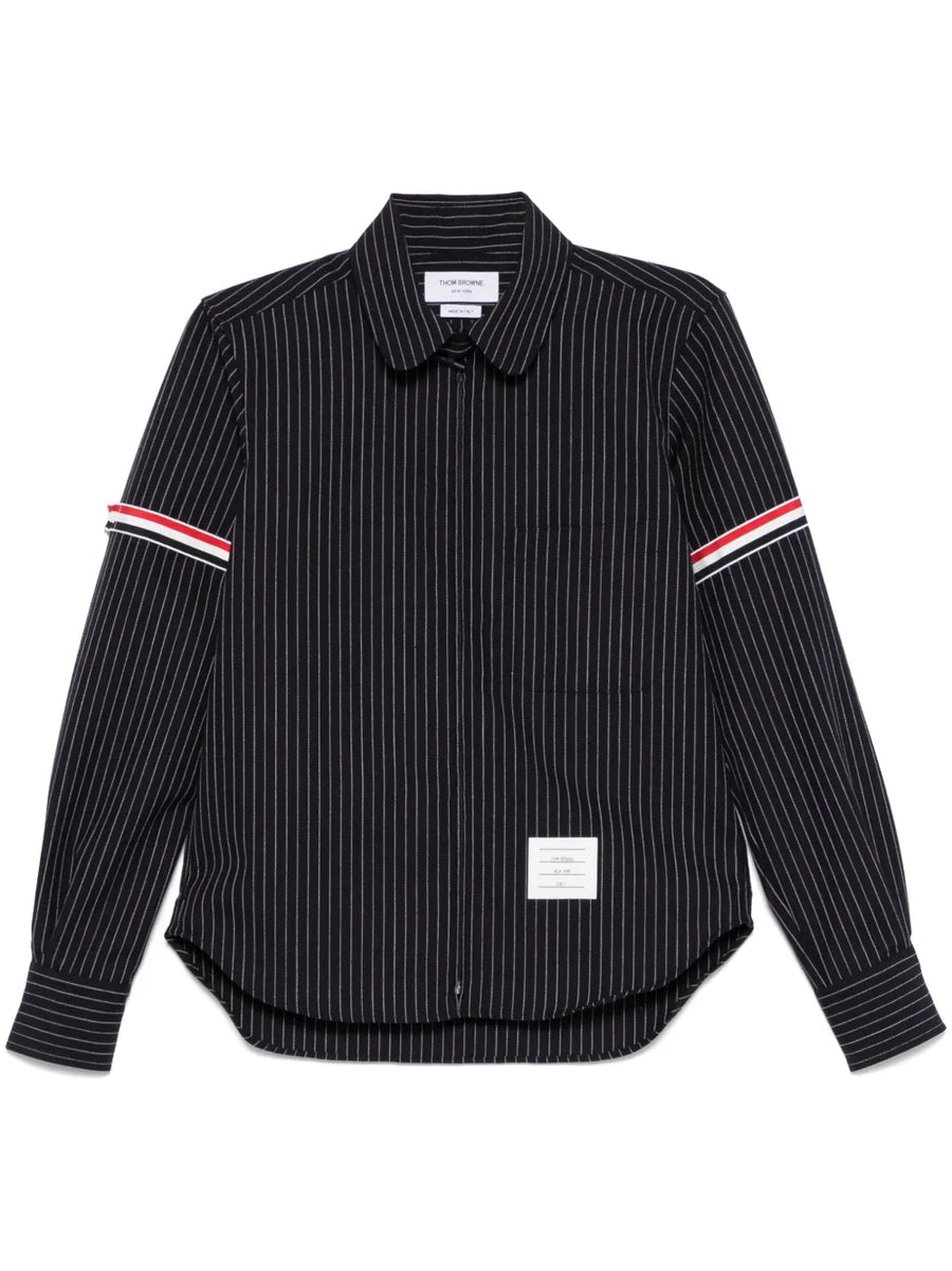 pinstriped zip-up shirt