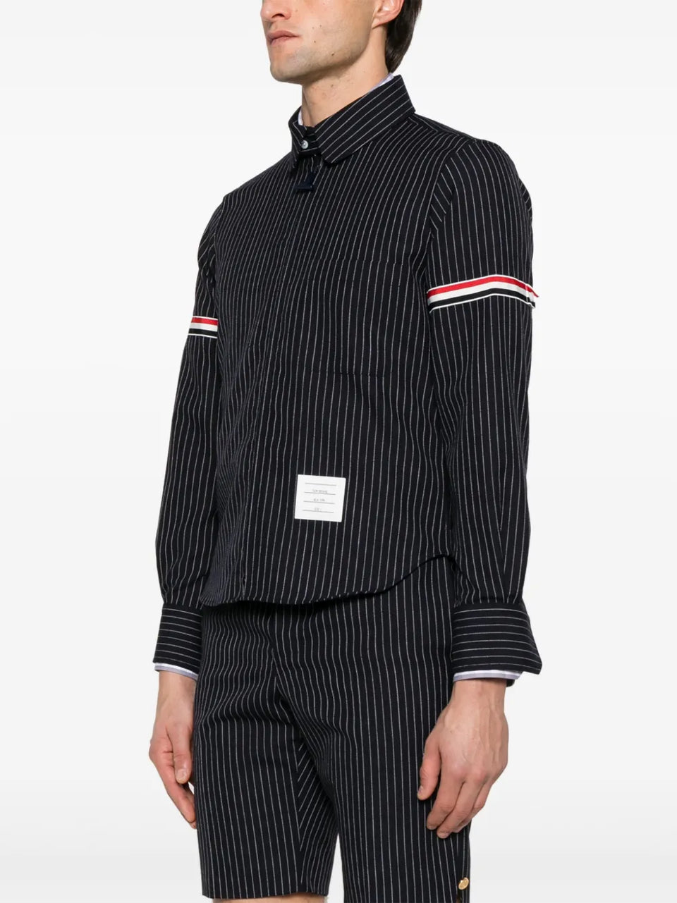 pinstriped zip-up shirt