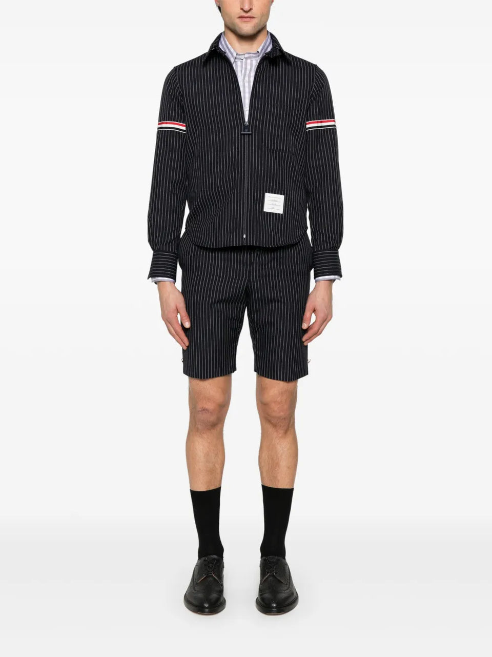 pinstriped zip-up shirt